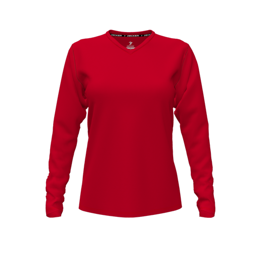 [CUS-DFW-TEES-CMF-VNK-LSL-RED-FYXS-LOGO2] Decker Comfort T-Shirt (Female Youth XS, Red, V Neck, Logo 2, Long Sleeve)